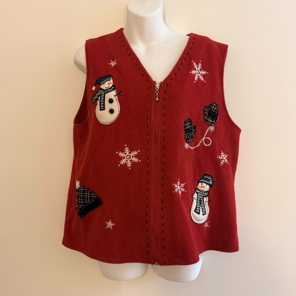 VINTAGE Red Fleece Snowman Christmas Vest Embroidered Zip Front Size Large - Picture 2 of 8
